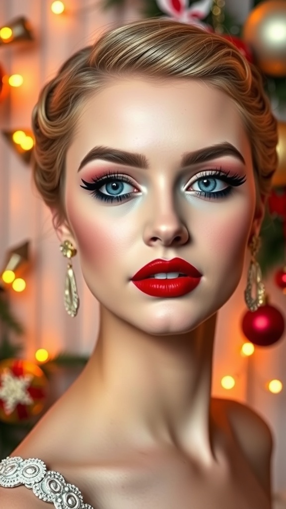 A vintage 1950s Christmas makeup look with winged eyeliner and red lips against a festive backdrop.